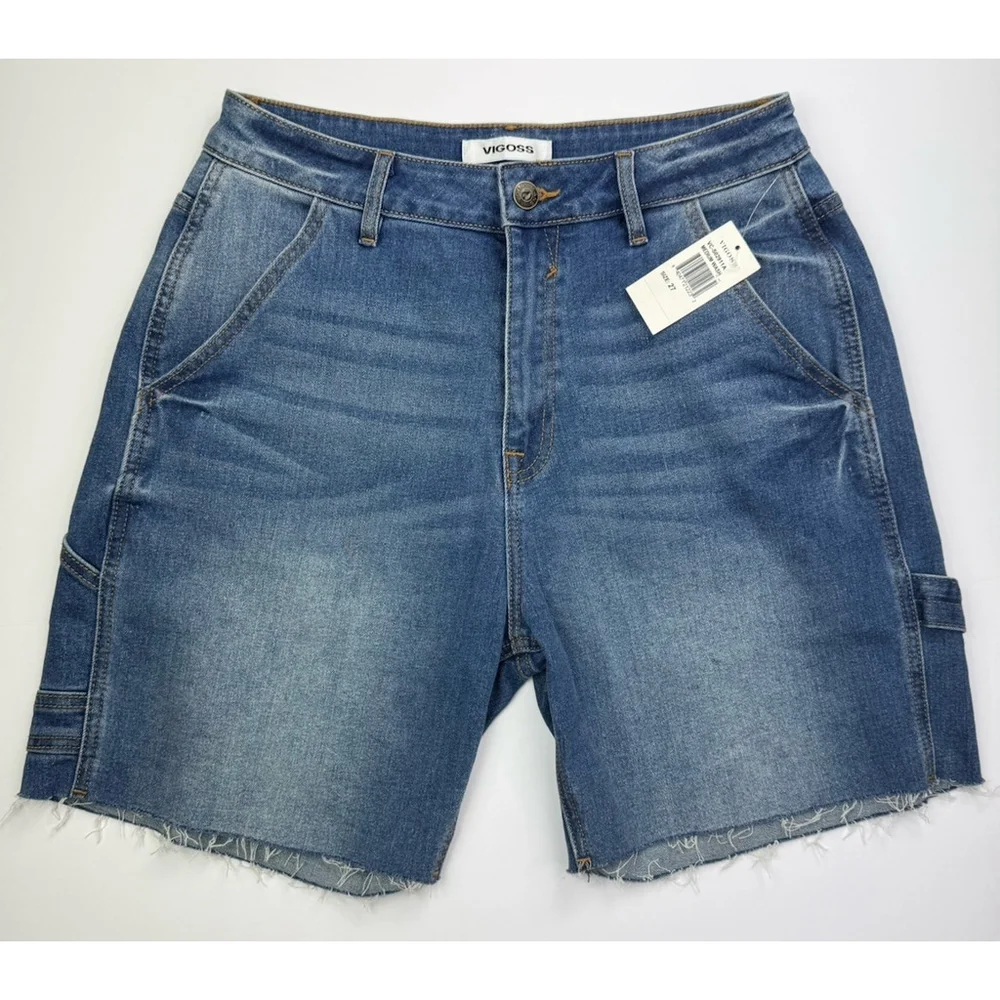 VIGOSS Women's Carpenter Denim Jean Shorts Size 27 Raw Hem Stretch High Waisted - Picture 1 of 8